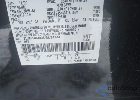 2020 Lincoln Nautilus Standard from USA, damaged, VIN 2LMPJ8J93LBL34744